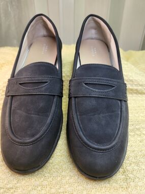 STUDIO 1886 CHAIN Women's Black Suede Penny Loafers - Comfortable Everyday Flats